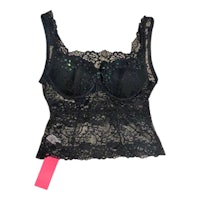 a black lace bra with a pink tag